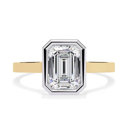 Solitaire Engagement Ring for Women | Center 7X5mm Emerald Cut Lab Created Moissanite Bezel Set Wedding Promise Rings in 10K / 14K Solid Gold or 925 Sterling Silver Jewelry Gift for Her2