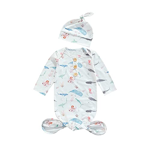 Infant Newborn Baby Boys Sleep Gown Headband Sleepwear Romper Sleeping Bags Outfits (Sea Animal, 0-3 Months)
