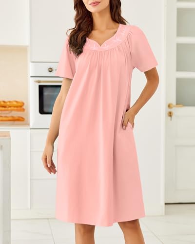 Image of Ekouaer Moo Moos for Women House Dress With Pockets Cotton Nightgowns Short Sleeve Night gowns Embroidered Mumu Dress