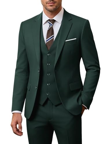 Image of Men's 3 Piece Slim Fit Suit Set, Two Button Blazer Solid Jacket Vest Pants Wedding Business Suit