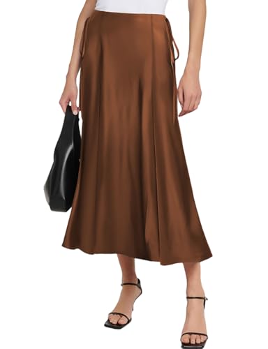 SEBOWEL Women Satin Maxi Long Skirt Silk Side Tie A Line Swing Midi Skirt Silky Flowy Ruffle Pleated Cocktail Party Skirts