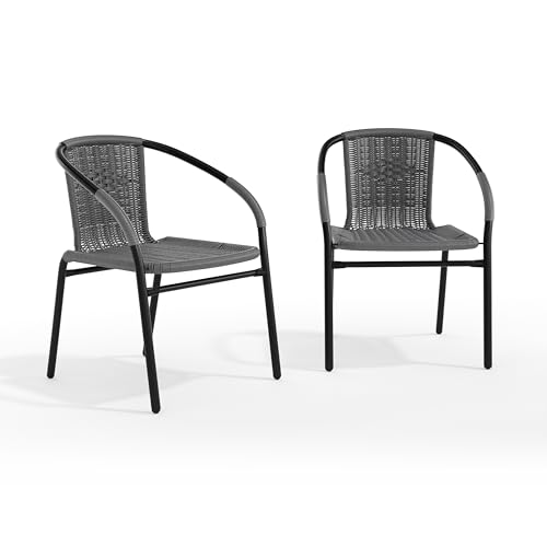 Image of EMMA + OLIVER Set of 2 Modern PE Rattan Stack Chairs, Indoor /Outdoor Patio Dining Chairs, No Assembly Required, Gray