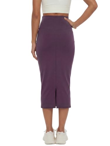 Image of Rooscier Women's High Waisted Pencil Midi Skirt | Stretchy Bodycon Knee Length Skirts with Back Slit