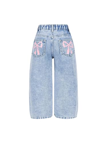 Verdusa Girl's Cute Bow Jeans High Waisted Wide Leg Casual Denim Pants with Pockets