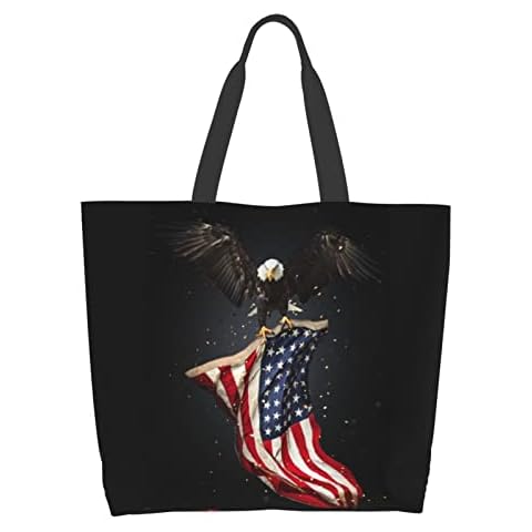AuHomea Vector Horse Lightweight Grocery Canvas Shopping Bags Women'S Hand Bag Tote Bag Travel Bag, Eagle With American Flag, One Size Cover