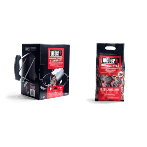 Weber Anzündset -Rapidfire Starter Set, besteht aus Amzündkamin & Grill-Briketts (4kg Sack), für Lange und konstante Glut