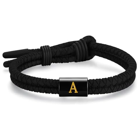 Metzm Adjustable Silicone Braided Rope Initial Bracelet for Men Women，Stainless Steel Letter Charm Bracelet，Waterproof Sports Rubber Bracelet Jewelry Gifts (Initial A) Cover