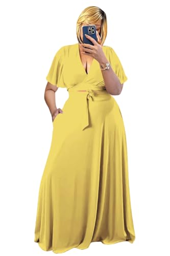 Image of Plus Size Women's 2 Piece Outfits Casual Short Ruffle Sleeve Wrap Crop Top Maxi Long Dress Flowy Matching Sets