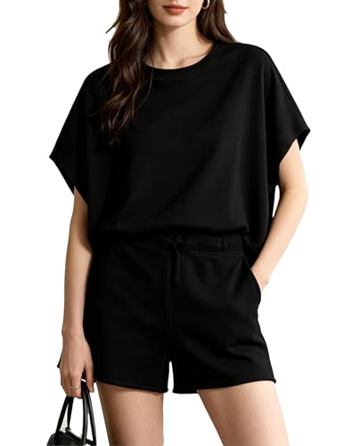 Image of Bozanly Womens Loungewear Set Short Sleeve Top and Shorts Oversized 2 Piece Outfits Solid Color /Striped Matching Pajama Sets