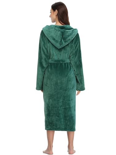 RONGTAI Damen Bademantel aus Plüsch mit Kapuze und Taschen, flauschige Nachtwäsche, Grün (Oil Green), XX-Large