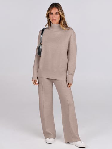 ANRABESS Womens 2 Piece Outfits Turtleneck Matching Lounge Set Sweater Top Wide Leg Pants Fall Cozy Knit Sweatsuit Loungewear2
