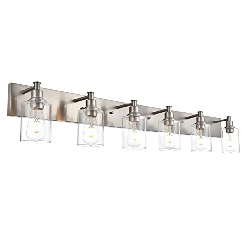 Lucidce 6 Lights Bathroom Vanity Light Fixtures Industrial Wall Mount Lighting with Clear Glass Brushed Nickel Metal Vanity Lights for Dining Room Bedroom Lucidce 6 Lights Bathroom Vanity Light Fixtures Industrial Wall Mount Lighting with Clear Glass Brushed Nickel Metal Vanity Lights for Dining Room Bedroom