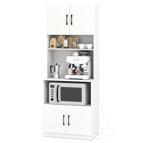 KOMFOTTEU Credenza da Cucina con Stazione di Ricarica, Mobiletto Multifunzionale da Bagno con 2 Ripiani Regolabili, Mobile Buffet Moderno per Soggiorno e Sala da Pranzo, Bianco, 64,5 x 38 x 168 cm