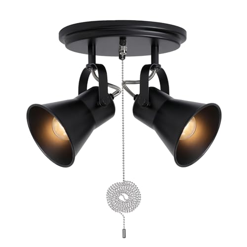 Image of 2-Light Black Track Lighting with Pull Chain, Industrial Adjustable Pull Chain Light Fixture Round Ceiling Light, Modern Flush Mount for Kitchen, Hallway, Dining Room