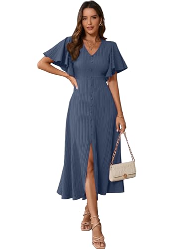 Image of Shasmi Girl's & Women's Pleated Midi Dress with Flutter Sleeves | V-Neck Western Dress for Women | Elegant A-Line Summer Outfit | Office & Casual Wear (Dress 244)
