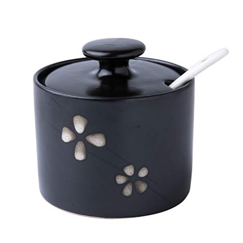 Japanese Style Ceramic Floral Sugar Bowl Saltbox With Lid And Spoon 10 Ouncesï¼ˆBlackï¼‰ #TOP4