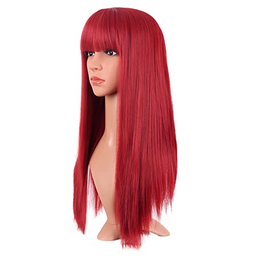 MapofBeauty 24 Inch/60 cm Women Long Straight with Flat Bangs Synthetic Hair Heat Resistant Fiber Hair for Party Cosplay Wig (Red) - Image 4