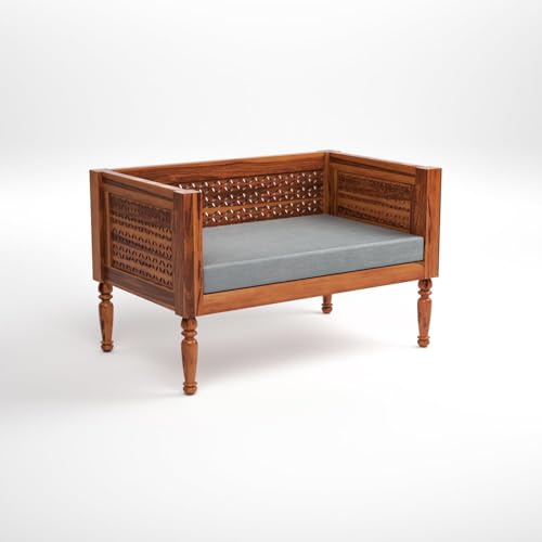 Image of Sheesham Wooden 7 Seater SofaSet for Living Room | Rosewood Cushion Sofa | Solid Wood Sofa Set for Lounge (Honey with Grey Cushion, 7 Seater)