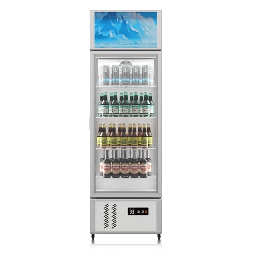 10.5 Cu Ft Commercial Merchandiser Refrigerator, Beverage Display Cooler with Glass Door, Freestanding Single Door Drink Refrigerator with LED Light for Shop, Restaurant, Bar