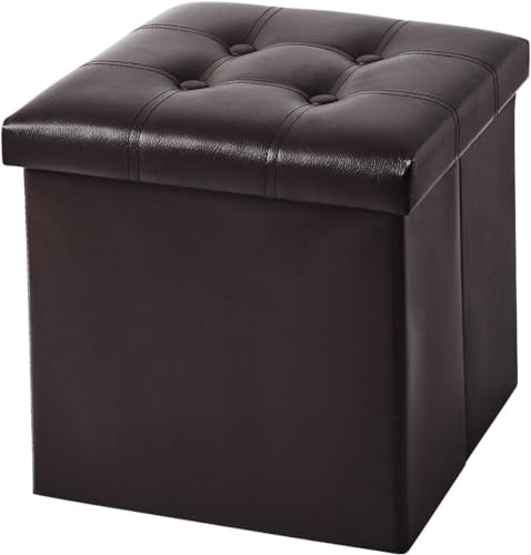 Image of AR Mall 15 Inches Storage Ottoman Cube, Foldable Storage Boxes Footrest Step Stool, Padded Seat for Dorm Living Room Laundry Storage Space, Bed Storage Seat, Toys Storage (38X38X38 CM) (BROWN LEATHER)