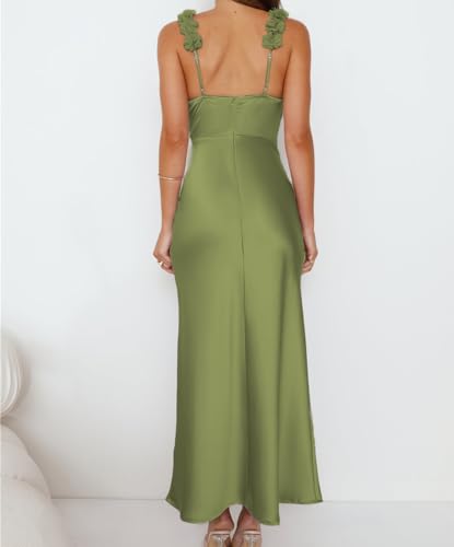Image of Phicia Summer Satin Spaghetti Strap V Neck Midi Dresses for Women Wedding Guest Elegant Flower Backless Cocktail Formal Dress