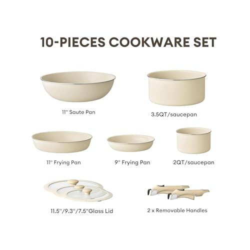 COOKER KING Pots and Pans Set Non Stick, Ceramic Cookware Set, Induction Pans Set with Removable Handle, RV Cookware Set with Detachable handle, Stackable Space Saving Pots Set, Oven/Fridge Safe