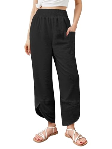 ANRABESS Womens Wide Leg Palazzo Capri Pants 2025 Summer Casual Loose High Waisted Lounge Flowy Cropped Beach Work Trousers Black Large