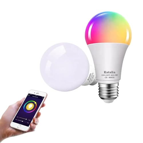 Katalia Bombilla Inteligente E27 9W RGB WiFi, Pack 2 Bombillas Inteligentes Control Remoto Alexa, Google Assistant, Appel Homekit y apps Tuya, SmartLife. Ajuste Brillo y Color, Escenas Personalizables