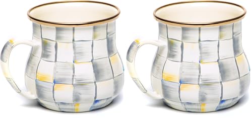 Image of MACKENZIE-CHILDS Enamel Mug, Cute Enamelware Coffee and Tea Mug, Unique Drinkware, 16 Ounces, Gray-and-White Sterling Check, Set of 1 (Pack of 2)