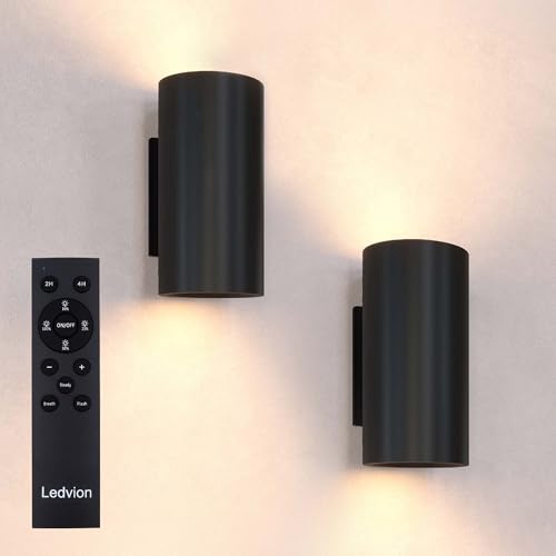 Image of Ledvion – 2X USB Rechargeable Wall Lights with Remote Control, Wireless, Black, Dimmable, Warm White, 4400 mAh Battery, Up Down Light, Modern, Round, Indoor & Outdoor