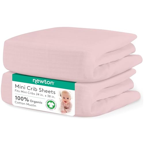 Image of Newton Baby Fitted Mini Crib Sheets (2-Pack) | Organic Muslin Cotton, Breathable & Soft Baby Sheets, Washable Baby Mattress Sheets, Fits Mini Crib Mattresses 24" x 38", Sunrise Pink