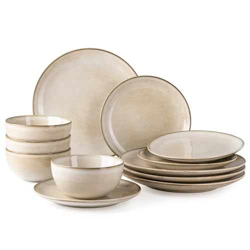 Image of GBHOME Ceramic Dinnerware Sets for 4, 12 Pieces Stoneware Plates and Bowls Sets, Reactive Glaze Dishes -Scratch Resistant, Dishwasher&Microwave Safe-Cappuccino