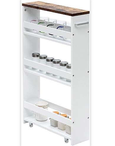 LDAILY 4 Tier Storage Cart, White, 5.1" Wide, Compact and Space-saving Design, Easy to Move, Durable MDF and Engineered Wood Construction