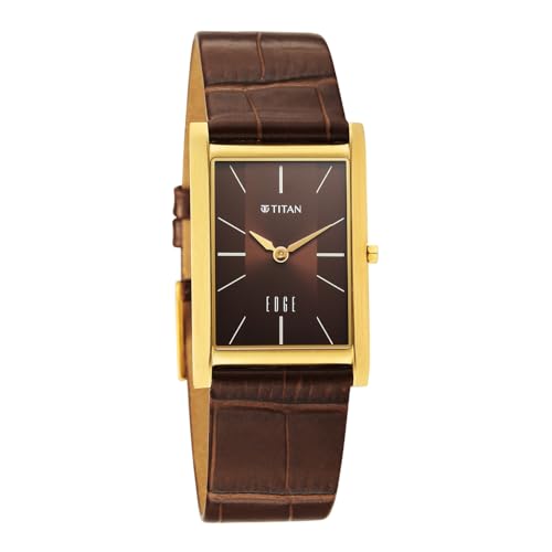 Image of EDGE Titan Monture Quartz Analog with Brown Dial Gold Leather Strap Watch for Men - 1043YL10