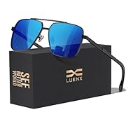 LUENX Polarized Square Aviator Sunglasses for Men, Trendy Retro Oversized Rectangular Mirrored Dark Blue Lens Black Metal Frame 61mm