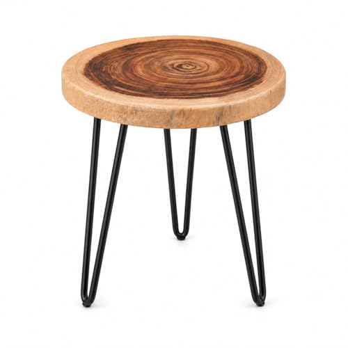Image of Sheesham Wood Live Edge Side Table | Rustic Wooden End Table with Hairpin Metal Legs | Solid Tree Slice Coffee Table for Living Room, Bedroom 14'' Top x 18'' H