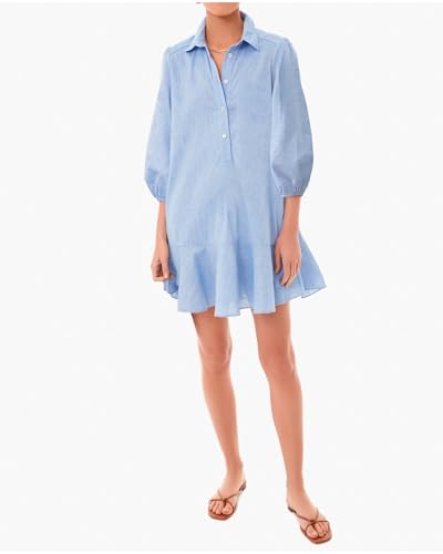 Women Button Down Dress Casual 3/4 Puff Sleeve Cotton Linen Dress Flowy Ruffle Hem Tunic Shirt Dresses4