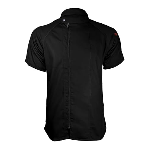 ChefsCloset Jamison Men's Short Sleeve Chef Coat – Modern Mens Chef Jacket for with Offset Zipper and Mesh Panels (Black, X-Large)