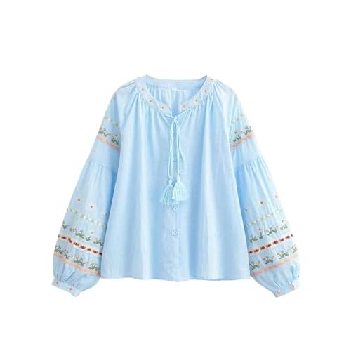 Womens Embroidered Shirt Long Sleeve Peasant Blouse Lantern Sleeve Boho Tops V Neck Loose Lightweight Casual Tunic