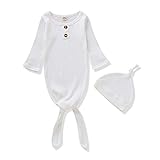 Baby Gown Newborn Cotton Pit Nightgown Long Sleeve Baby Sleeping Bags with Button Baby Boy Girl Coming Home Outfits Set with Hat Set White