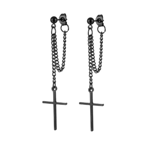 Mens Stud Earrings, Black Stud Earrings for Men Chain with Cross Stainless Steel