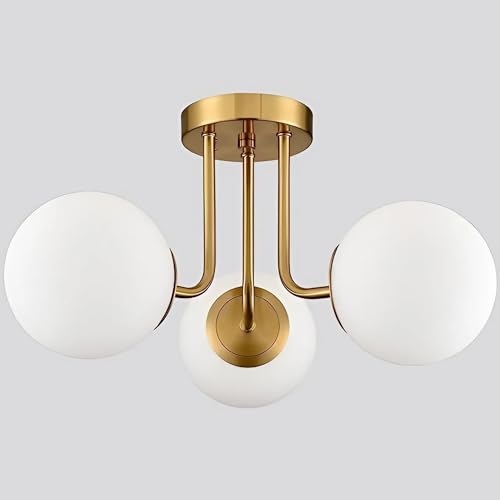 Image of with Bulb Modern Golden Metal & 3 Dome Glass Globe Sputnik Chandelier Metal Ceiling Light Hanging Fixture Semi Flush Mount Chandelier for Living Room, Dining, Room Bedroom