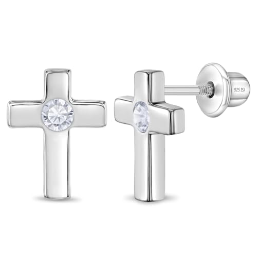 925 Sterling Silver Tiny Cubic Zirconia Cross Screw Back Earrings For Toddlers & Young Girls - Stylish Cross Earrings for Kids for Baptism or Communions - Special Religious Earrings For Girls