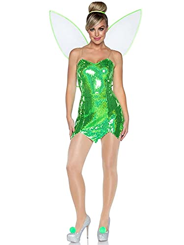 Carolilly Déguisement Fée Clochette Femme Costume Fée Fantaisie Cosplay Mini Robe sans Manche et Ailes Halloween Thème Party (Dark Green, S)