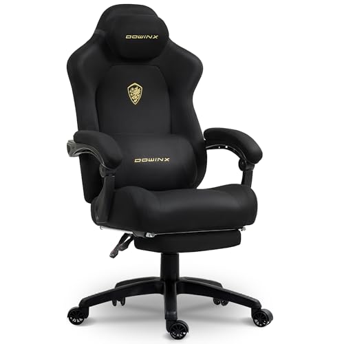Dowinx Fabric High Tech Gaming Chair in black with gold accents, featuring ergonomic design, adjustable armrests, and lumbar support for enhanced gaming comfort.