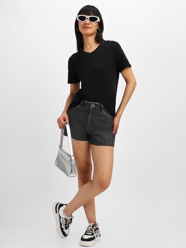 Image of JUNEBERRY Cotton Lycra Regular Fit V- Neck Solid Core Half Sleeves T-Shirt for Women & Girls (Colors Available: Black, Green, Magenta, Blue, Orange & Limeade)