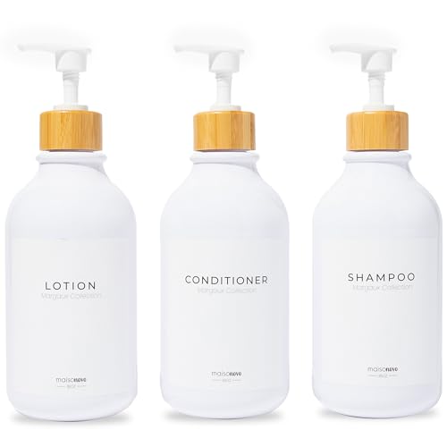 MaisoNovo Shampoo and Conditioner Dispenser Set of 3-500 ml White Shampoo Bottles With Pump White Bamboo - Refillable Shower Soap Dispenser Set