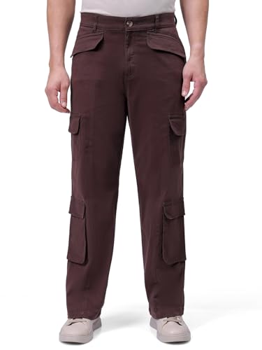 Image of The Indian Garage Co Men Relaxed Fit Solid Mid-Rise Stretchable Cargos
