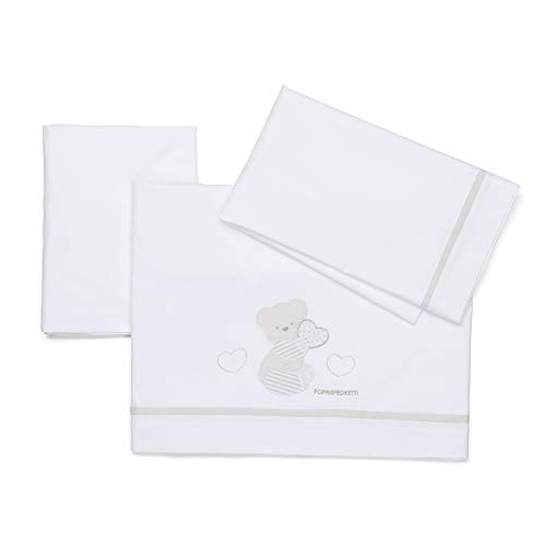 Foppapedretti Completo Lenzuolino Dolcecuore, 100% cotone, Composto da lenzuolo ricamato (120x80 cm), lenzuolino inferiore ad angoli (120x65 cm) e federa (60x40 cm), Bianco