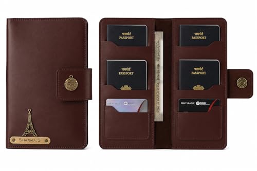 Image of AICA Personalized Name & Charm Leather Family Passport Cover for 4 with (Dark Brown) Passport Wallet Boarding Pass Currency Card Slot & Coin Holder for Men & Women | Family Passport Cover (Darkbrown)